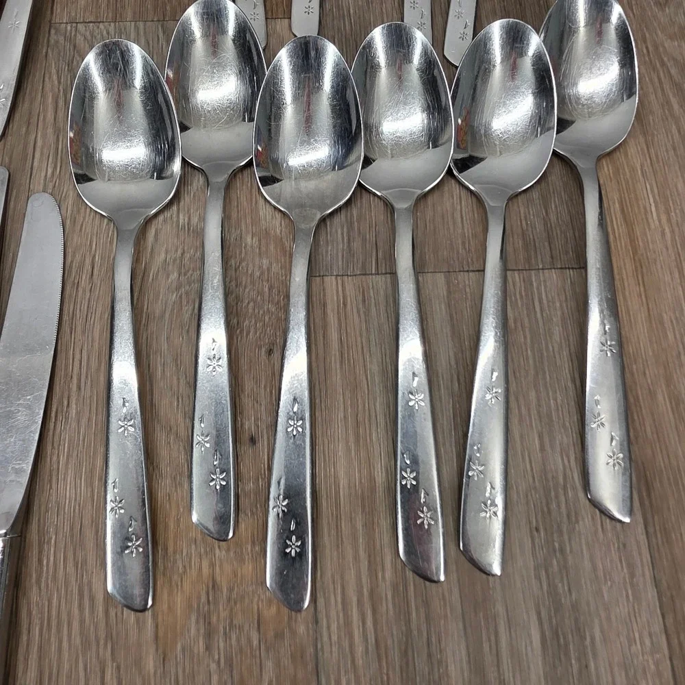 Vintage International Stainless Polaris 33 pc Flatware Set Starburst MCM Floral